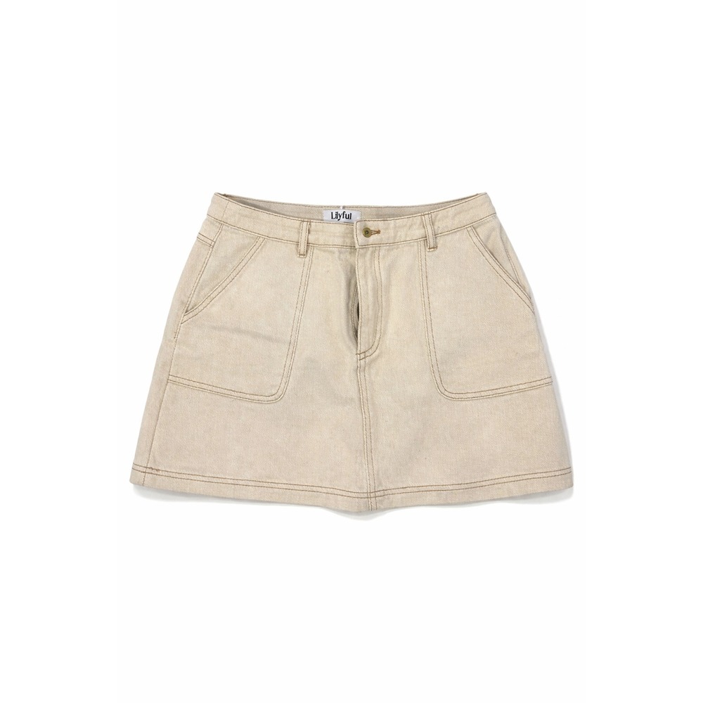 LilyFul Cream Denim Mini Skirt With Contrast Topstitching
